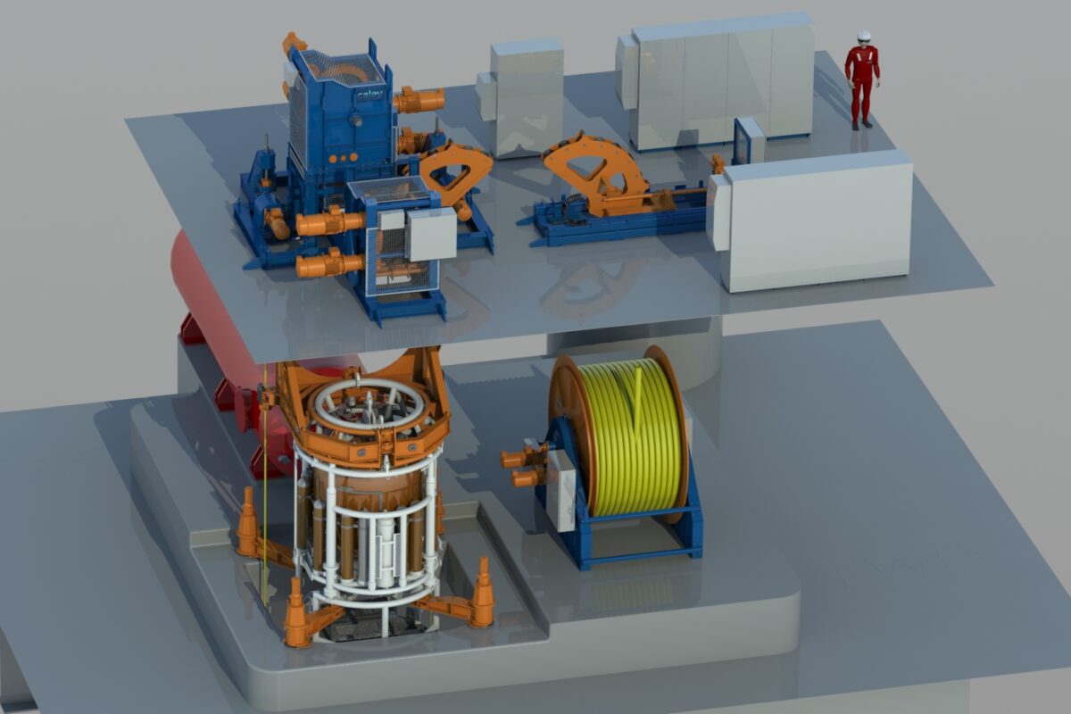 3D render of an oil rig platform with a launch and recovery system on top