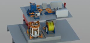 3D render of an oil rig platform with a launch and recovery system on top